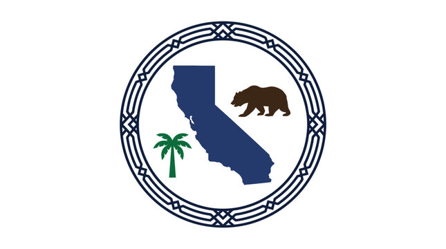 Decorative Circular Emblem Featuring a Stylized California Map Silhouette with a Grizzly Bear and Tropical Palm Tree Illustration Design