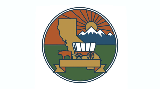 Vintage California State Emblem Featuring a Covered Wagon and Mountain Landscape Scenic Graphic Illustration for Historical Commemoration