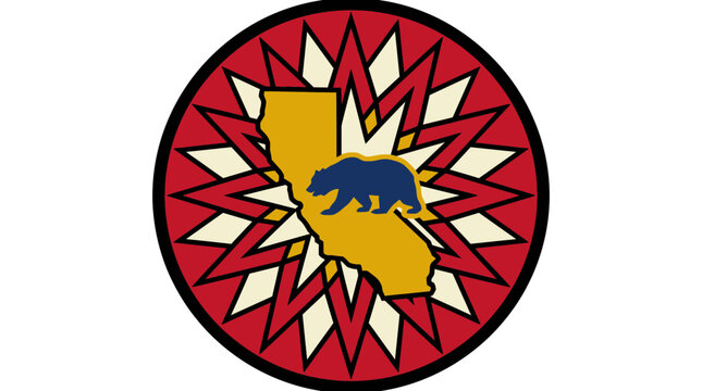 Geometric California State Emblem Featuring a Central Golden Map Silhouette and Grizzly Bear Icon within a Stylized Decorative Circular Sunburst Border