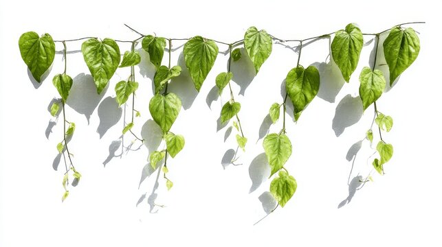 97.Long trailing ivy plant with multiple stems descending vertically, rich green heart-shaped leaves of various sizes, natural shadows and highlights, isolated white background for easy cutout,
