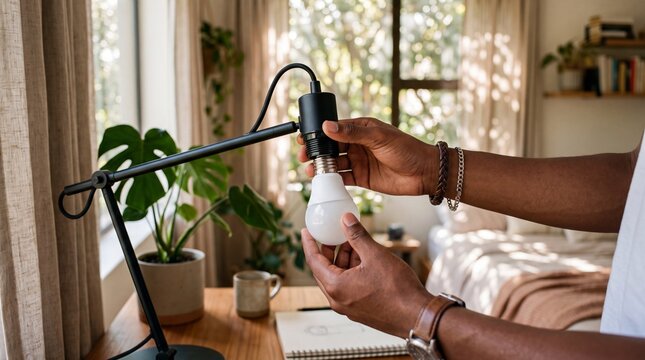 Stylish Gen Z Teenager Installing Smart Light Bulb POV