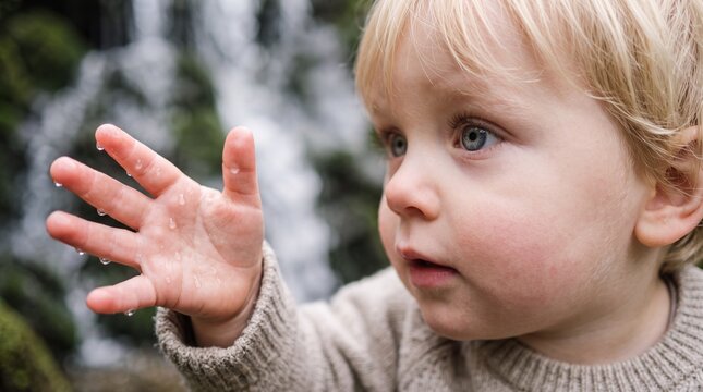Scandinavian Toddler Discovering Natures Waterfall