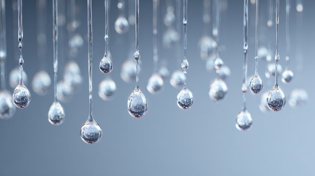 102.Set of individual water drops descending on clear background, spherical droplets and elongated streaks, high-detail refraction patterns, subtle transparency, floating effect, natural rainfall