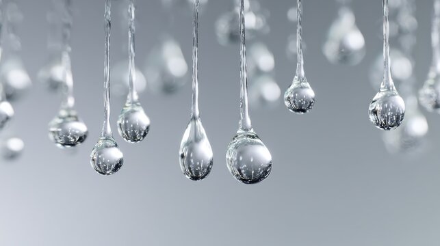 102.Set of individual water drops descending on clear background, spherical droplets and elongated streaks, high-detail refraction patterns, subtle transparency, floating effect, natural rainfall