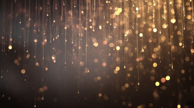 2.Dark minimalist background with illuminated rain streaks cascading softly, each raindrop glowing with subtle light, shimmering bokeh particles floating in the air, gentle motion blur, serene night