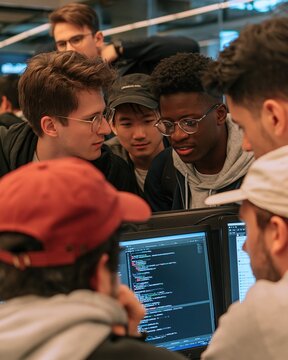 Diverse group of young students collaborating intensely on a computer coding project, focused and engaged in learning