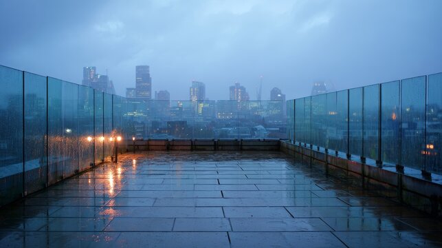 9.Modern roof terrace under steady rainfall, glass balustrades streaked with water, distant skyline blurred through mist, puddles forming on tiles, soft reflections, moody atmospheric lighting,