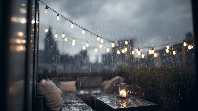 10.Cozy rooftop terrace with string lights glowing faintly through rain, wet furniture and cushions, raindrops falling in gentle curtain, cloudy sky overhead, reflective surfaces, intimate quiet