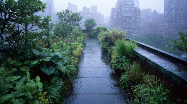 11.Open roof terrace garden during rainfall, lush plants glistening with droplets, stone pathway shining wet, city buildings hazy in background, soft gray-blue tones, serene outdoor atmosphere, calm