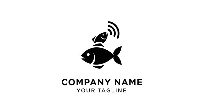 Minimalist black fish logo with wireless signal icon.