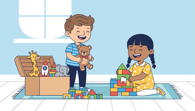 Young children playing with various toys like a teddy bear, giraffe, and building blocks in a bright playroom on a blue rug.