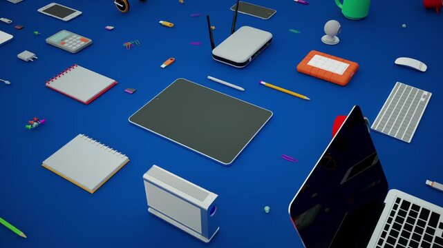 Modern workspace organization with 3D rendered electronic gadgets office supplies and creative tools scattered on a solid blue background surface