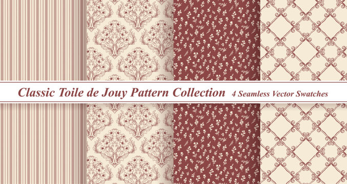 Burgundy Toile de Jouy Pattern Set - Vintage Botanical & Cottagecore Backgrounds
