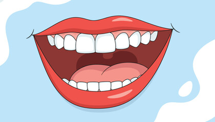 Obraz premium Illustration of a wide smiling human mouth showing healthy white teeth and pink gums against a soft blue background for dental care.