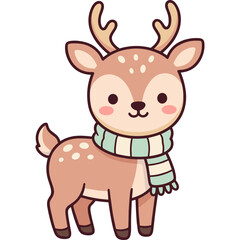 Obraz premium Adorable kawaii fawn wearing a striped winter scarf minimalist reindeer illustration for Christmas decor