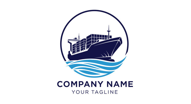 Modern shipping company logo with cargo ship and waves design.