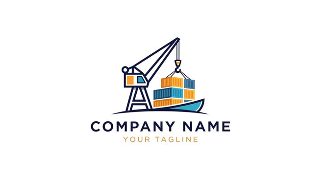 Minimalist crane and shipping containers logo design template.