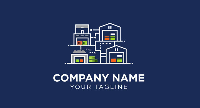 Minimalist house and laptop logo design on dark background.