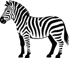 Naklejka premium Zebra standing in side profile with clean black and white stripes, classic African safari mammal representation isolated on a solid white background