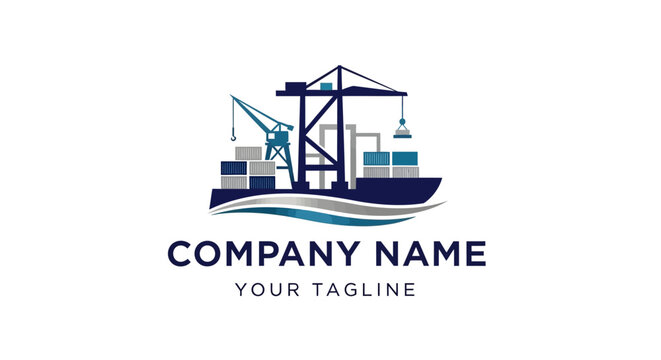 Modern shipping company logo with crane and cargo ship design.