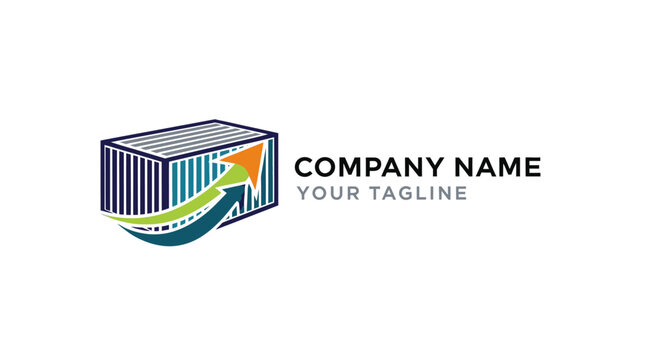 Modern shipping container logo design with abstract wave and arrow.