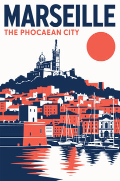 Marseille travel poster featuring Notre-Dame de la Garde and Old Port in bold modern design