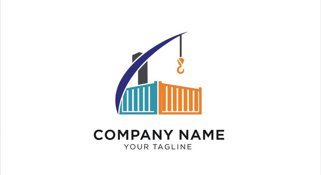 Minimalist company logo with crane and shipping containers design.