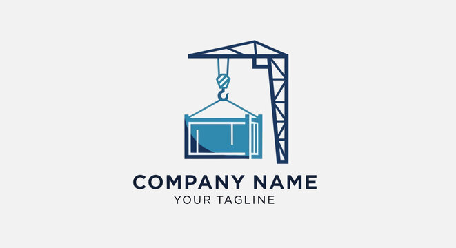 Minimalist crane and container logo design for construction company branding.