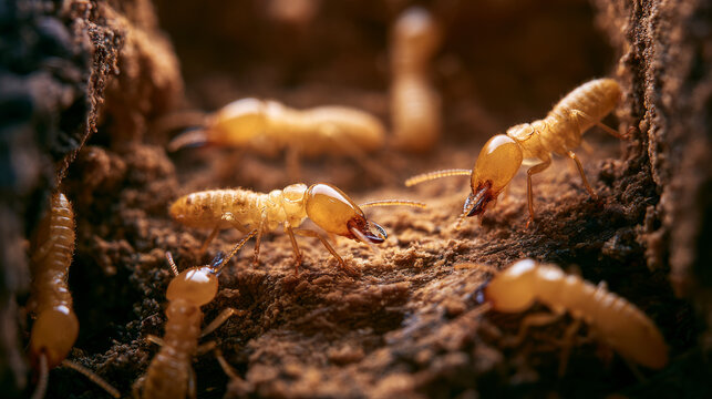 Close up of termites in their natural habitat highlighting the intricate social structure and behavior of these wood consuming insects
