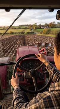 Teenage Girl Operating Tractor POV Field Scene