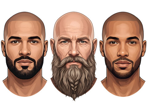 Three Bearded Bald Male Faces with Different Beard Styles for World Beard Day Isolated on Transparent Background