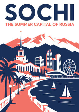 Sochi summer capital of Russia travel poster with mountains, palm trees, sailboats and city skyline
