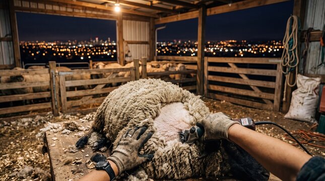 Hispanic Professional Woman Sheep Shearing Under City Lights