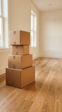 Composition of stacked cardboard boxes on a sunlit hardwood floor