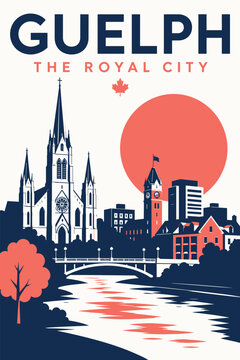 Guelph Royal City Travel Poster with Church, River and Modern Architecture