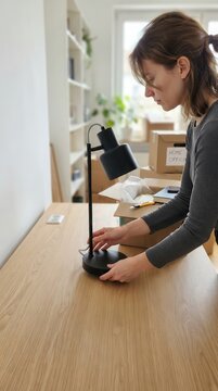 Setting up a minimalist home office workspace as a woman carefully arranges a sleek black desk lamp amidst cardboard moving boxes