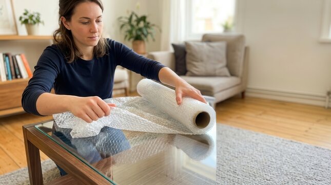 Woman Carefully Wrapping Fragile Items in Protective Bubble Wrap for Safe Moving and Secure Storage Preparation in a Bright Modern Living Room Interior
