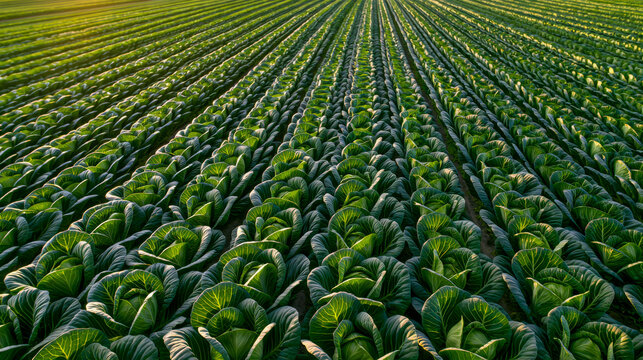 Birds eye perspective of vibrant green cabbage fields arranged in neat rows illuminated by warm golden sunlight