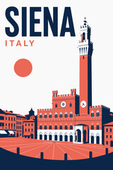 Naklejka premium Siena Italy Travel Poster Featuring Piazza del Campo and Torre del Mangia in Bold Modern Design