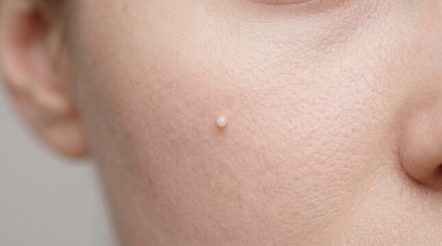 Small milium cyst on female cheek skin macro view