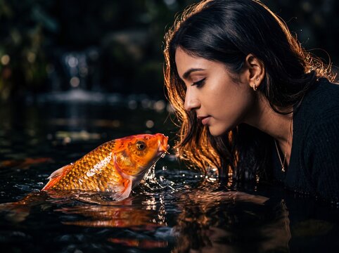 Young South Asian Woman and Koi Fish Connection