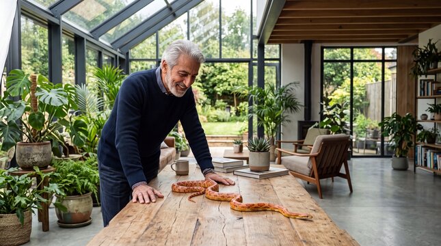 Sophisticated Middle Eastern Senior with Corn Snake