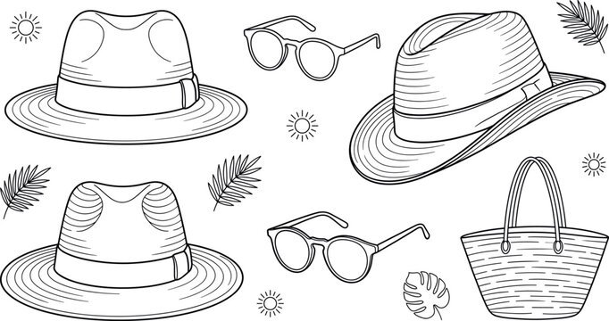 Summer beach fashion vector illustration element set featuring straw panama hats sunglasses tote bag and tropical leaf graphics
