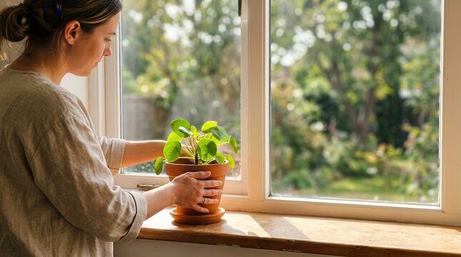 Woman tending to a vibrant Pilea plant on a sunlit windowsill