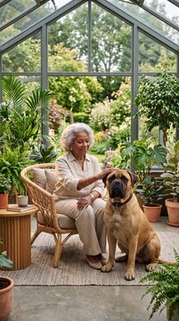 Senior African-American Woman and Bullmastiff in Sunlit Conservatory