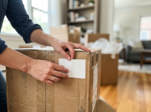 A person carefully applying a blank white label to a cardboard box during a residential move
