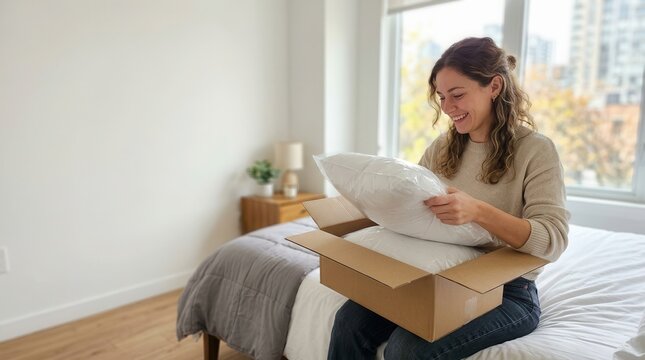 Woman Unboxing Soft New Bedding Pillows in a Bright Modern Bedroom