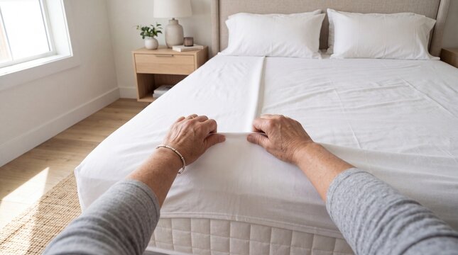 POV of Woman Smoothing Premium Bed Linens