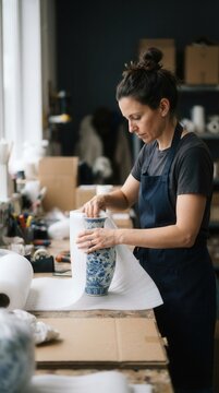 Artisan Carefully Wrapping a Delicate Blue and White Porcelain Vase for Safe Shipping in a Bright and Organized Creative Workshop Studio