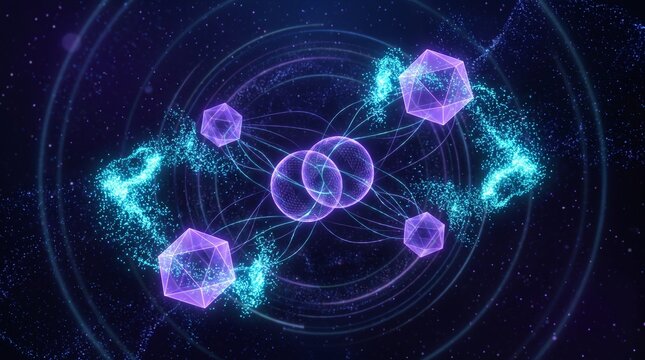Quantum computing particles orbiting in a futuristic digital space